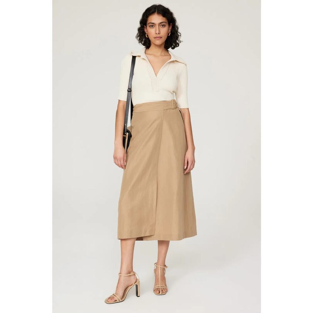 Vince Buckle Khaki linen-blend wrap Midi skirt buckle detail US 4